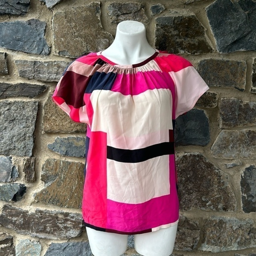 Kate Spade New York Silk Short Sleeve Colorblock Blouse in Pink/Cream Size 0
